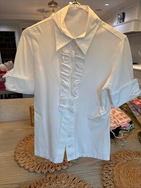 Anne Fontaine White Ruffle Front Short Sleeve Blouse